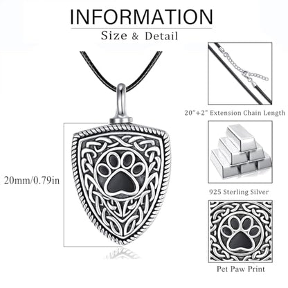 Dreamboat Pet Urn Necklace for Dog Cat Ashes 925 Sterling Silver Paw Print Cremation Keepsake Pendant Celtic Knot Memorial Jewelry Gifts for Women Men - style: 02B-Shield (Silver Personalized)