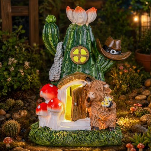 Fairy House Outdoor Figurine Lights, Highland Cow Garden Statue and Solar Cactus Mushroom House for Yard Patio Lawn Decor, Fairy Houses for Outside, Unique Garden Gifts for Women Mom - color: Green Cactus & Brown Cow
