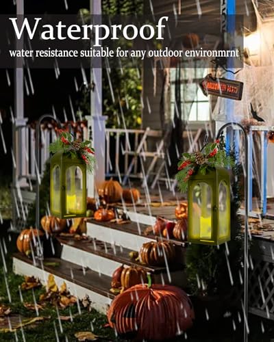 Bdor 16 Inch Black Metal Christmas Lantern with Remote LED Candle and Timer | Removable pinecone and holly greenery, flameless LED candles, remote control, 6-hour timer, tabletop or porch decor