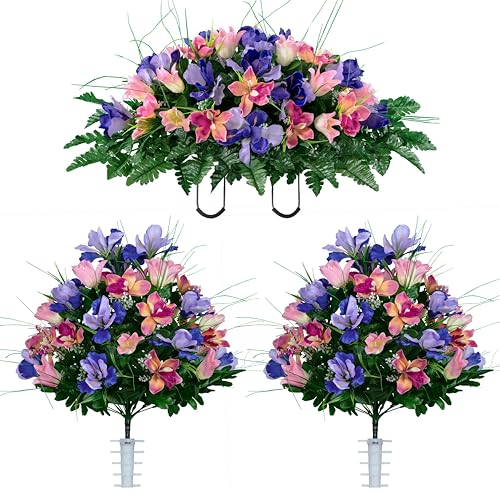 Artificial Cemetery Flowers - Grave Decoration - Cream Pink Tulips and Purple Iris (1) Headstone Saddle (2) Bouquets - color: Pink/Purple, size: (1) Saddle (2) Bouquets