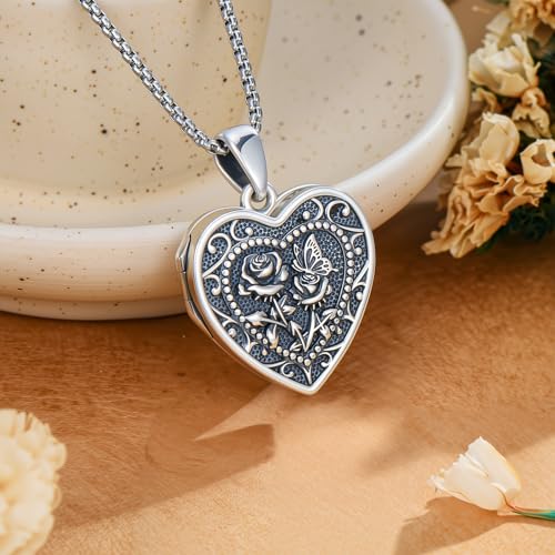 PELOVNY Birth Flower Locket Necklace for Women 925 Sterling Silver Flower Butterfly Heart Photo Locket Pendant Birthday Christmas Jewelry Gifts for Mom Daughter Wife Sister - color: 06-Rose