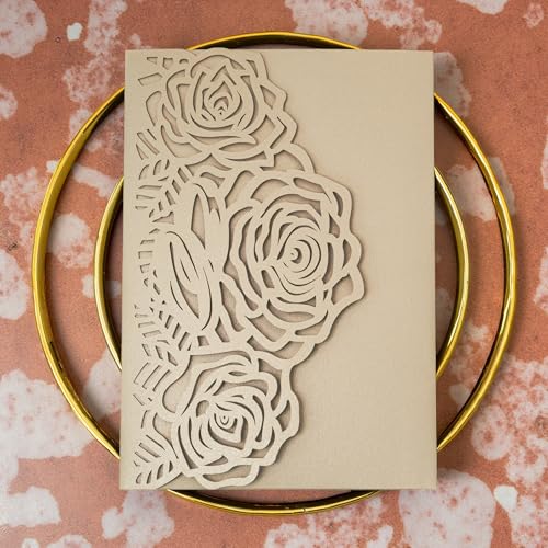 Laser Cutting Invitation Card Greeting Card Graduation Party Rose Flower Wedding Birthday Party Invitations Invitation Pocket With Envelope (Champagne Gold) | Laser-cut rose flower glitter cards for graduation, wedding, birthday, or party. Includes 20 poc