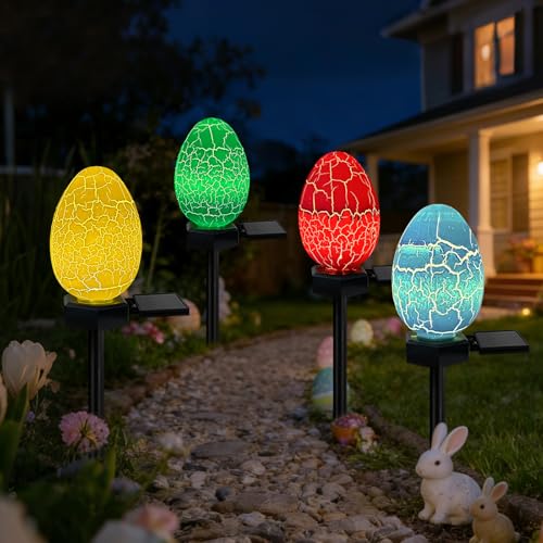4 Pack Solar Easter Egg Lights Outdoor, Waterproof Solar Easter Yard Decorations Outdoor Easters Yard Stakes Lights for Outside Lawn Walkway Patio Cemetery Grave (Red/Yellow/Green/Blue) - color: 4 Pack Egg