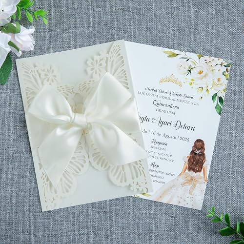 20 PCS Ivory Butterfly Quinceanera Invitation, Laser Cut Invitation Cards | 5.12x7.2" light Gold Glitter Butterfly Quinceanera Invitation with Envelopes for XV Anos Bridal Shower Baby Shower Invite - color: Ivory