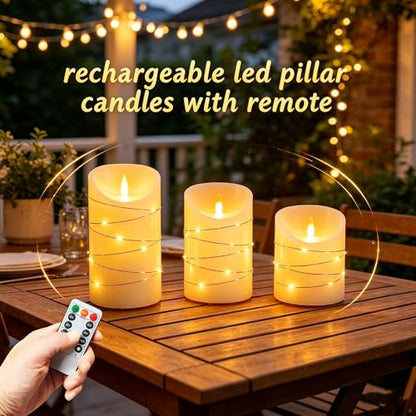 Rechargeable LED Candles, Real Wax, 4 5 6 in, Ivory, 3 Pack | USB rechargeable real wax candles with remote, timer and star lights - color: Ivory White