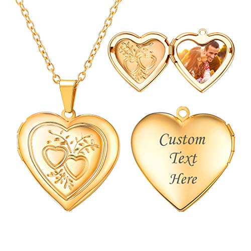 U7 Women Locket Necklace, Heart Photo Lockets Hold Picture, Gift Box Packed - color: 03# Gold*2 Heart