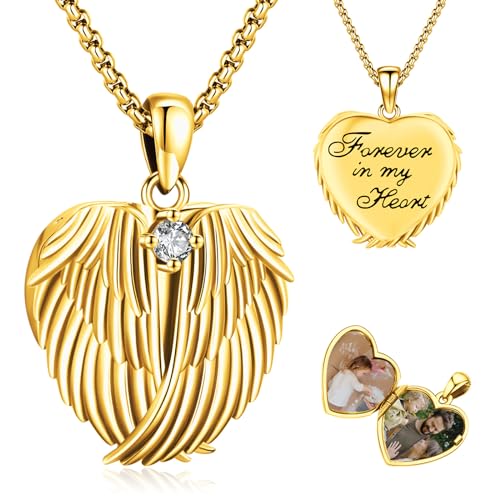 Picture Locket Necklace for Women Men Rose 14K Real Gold 925 Sterling Silver Jewelry Heart Locket Necklace that Holds Pictures Tree of Life Viking Wolf Celtic Knot St Christopher St Michael Pendant - color: G-Heart Wing Locket-Gold