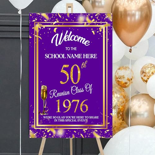 Personalized College Reunion Welcome Sign - 50th High School Reunion Decorations - Gold Confetti on Purple plastic Board - color: Version 8