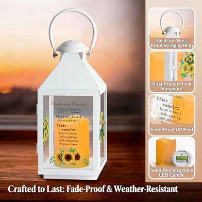 White Memorial Lantern Sympathy Gift for Loss of Loved One | Remembrance Solar Lantern with Sunflower, Bereavement Gifts for Loss of Mother Father Gift - color: White Iron Sunflower