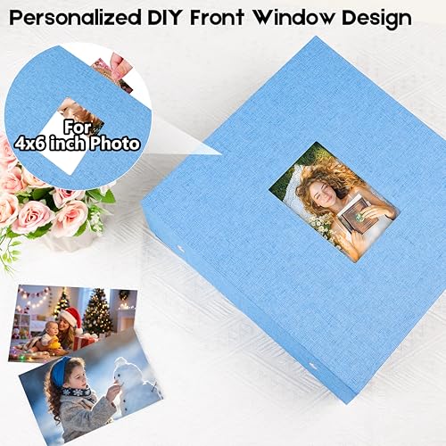Aevdor Large Capacity 4x6 Photo Album, 1000 Photos, Linen Cover, Blue | Black Inner Pages, 3 Horizontal and 2 Vertical Pockets per Side, Front Photo Window, Family, Wedding & Travel Memories - color: Linen Blue