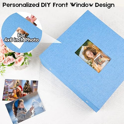 Aevdor Large Capacity 4x6 Photo Album, 1000 Photos, Linen Cover, Blue | Black Inner Pages, 3 Horizontal and 2 Vertical Pockets per Side, Front Photo Window, Family, Wedding & Travel Memories - color: Linen Blue