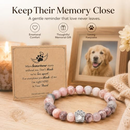 Pink Gray Stone Bead Pet Memorial Bracelet | Paw Print Charm | Dog Cat Loss Rainbow Bridge In Loving Memory Sympathy Gift | Keepsake Jewelry for Dog Mom Cat Mom with Sympathy Card