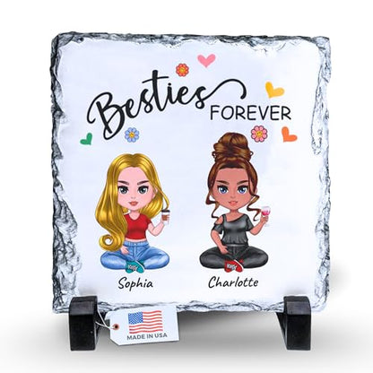 Personalized Besties Rock Slate Frame - Square Shape | Custom Stone Plaque Picture Frame, Bestie Gifts, Best Friend Birthday Gifts for Women Soul Sisters & Friendship Day - color: Besties-Slate