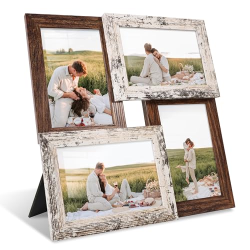 YESKAY 4x6 Collage Picture Frames, Multi Family Photo Frame with Real Glass, Displays Four 4x6 Photo, Wall Decor Wall Hanging or Tabletop, Distressed White+Rustic Brown - color: Distressed White+Rustic Brown, size: 4x6 in