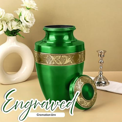 CLEENTABLE Hand-Engraved Cremation Urn for Human Ashes, Green - color: Green & Gold, size: Hand-Etched Leaf - 7x11"
