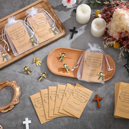 Cross Memorial Funeral Favors, 50 Sets Celebration of Life Gifts with Memorial Seed Packets, Black Ribbon Cross Sympathy Pins & Organza Bags, In Loving Memory Keepsakes