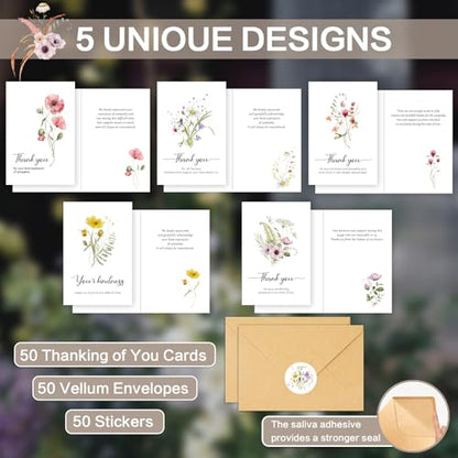 Funeral Thank You Cards with Envelopes, 5 Designs Watercolor Floral | 50 Bereavement Sympathy Thank You Cards, 4x6in, for Funeral Celebration of Life, Message Inside, Matching Stickers, Bulk - color: White-50