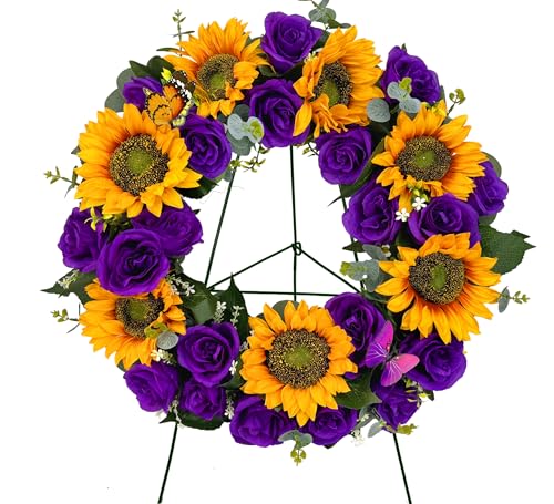 Cemetery Wreaths for Grave Decoration,Golden Sunflower and Purple Rose, Headstone Wreath with Gravestone Flower Holder