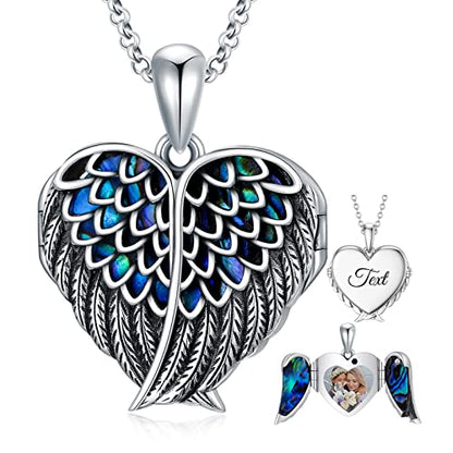 SOULMEET Angel Wing Heart Locket Necklace that Holds Picture Photo Locket Pendant You are My Angel Sterling Silver/Gold - style: C3-Abalone angel wing locket+photo+text
