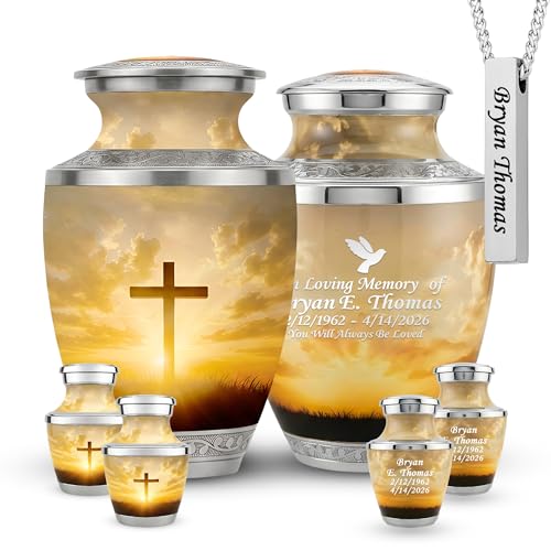 Custom Engraved Traditional Cremation Urns for Human Ashes Set of 6 for Adult Male & Female Includes 1 Large Funeral Urn with 4 Mini Keepsakes & 1 Necklaceurn - Sunset Cross - color: Sunset Cross Set - Custom