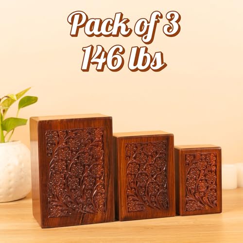 Hashcart Floral Wooden Cremation Urn Set of 3, 16/40/90 Lbs | Sheesham Rosewood, Slide-Open Lid, Velvet Bags, Adult Male Female, Family Sharing