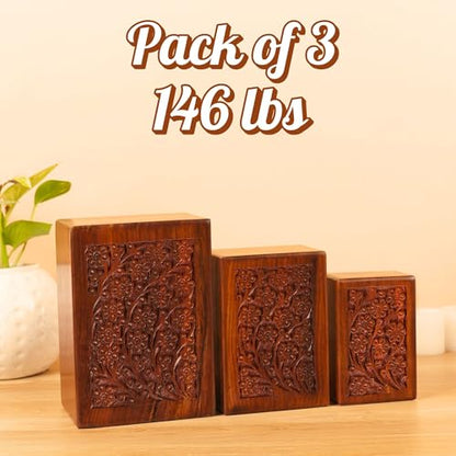 Hashcart Floral Wooden Cremation Urn Set of 3, 16/40/90 Lbs | Sheesham Rosewood, Slide-Open Lid, Velvet Bags, Adult Male Female, Family Sharing