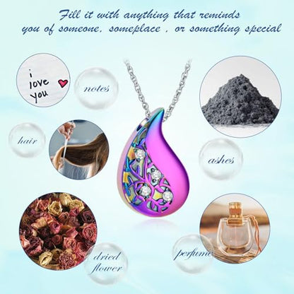 Tree of Life Teardrop Urn Necklace for Ashes Teardrop Crystal Cremation Jewelry Celtic knot Ashes Pendant Stainless Steel Keepsake Memorial Jewelry for Women Men - color: Rainbow