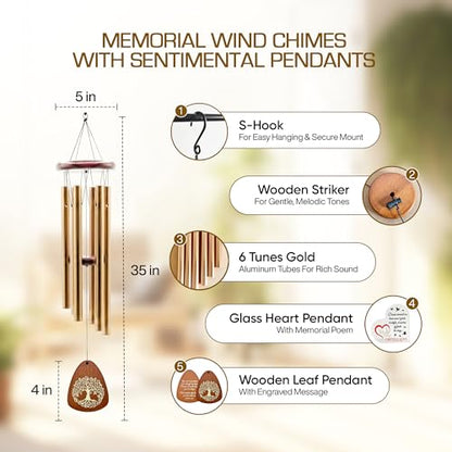 Memorial Wind Chimes for Outside, Golden Teardrop Pendant, Deep Tone 6 Aluminum Tubes & Pine Wood, Sympathy Gift for Loss of Loved One, Acrylic Heart Letter from Heaven, Keepsake Keychain - color: Gold Teardrop Design