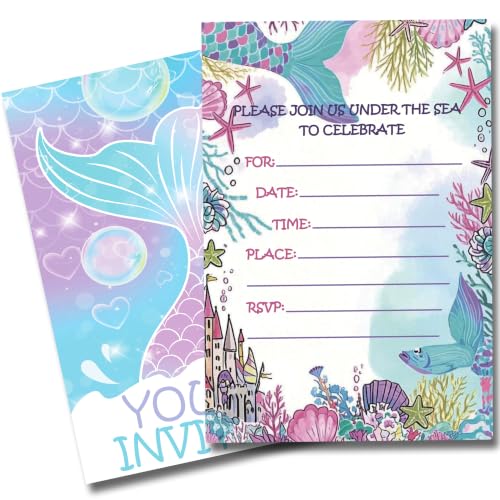 Watercolor Mermaid Birthday Invitations Girl Party Invites with Envelopes - color: Pink Mermaids