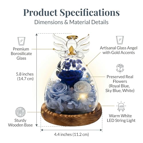 Angel Rose Figurine with LED Lights - Real Preserved Eternal Rose in Glass Dome, Forever Flowers Gift for Women, Birthday Valentine's Wedding - color: Cobalt Velvet Rose