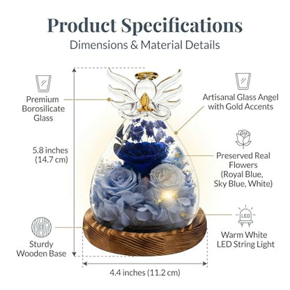 Angel Rose Figurine with LED Lights - Real Preserved Eternal Rose in Glass Dome, Forever Flowers Gift for Women, Birthday Valentine's Wedding - color: Cobalt Velvet Rose