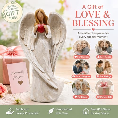 Hodao 8.75inch Resin Praying Angel Sculpture Figurine, with Hear | Exquisitely Carved, Hand-Painted Characters, For Gifts Home Decoration, Praying Commemorating Angel Statue - style: with heart