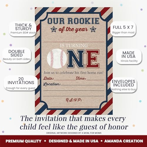 Rookie Of The Year Baseball Themed 1st Birthday Party Invitations for Boys, 20 5x7 Fill In Cards with Twenty White Envelopes by AmandaCreation - style: Rookie Of The Year Baseball