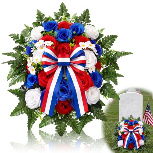 Canlierr Artificial Patriotic Cemetery Flowers for Grave Red White and Blue Headstone Flower Saddle Patriotic Blanket for Veterans Day Grave Decorations Memorial Day Cemetery Decor