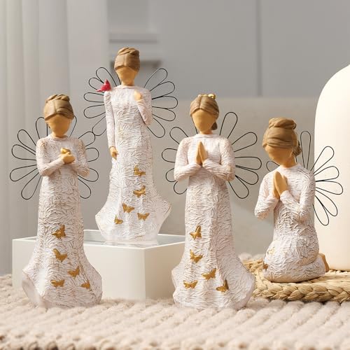 4 Piece Set Sympathy Angel Figurines for Loss of Loved Ones Angel Statues | Home Decor Serenity Prayer Grieving Remembrance Bereavement Gifts for Women Resin Sculpted Hand-Painted Figure Prayer Hands - style: Sympathy Angle Set