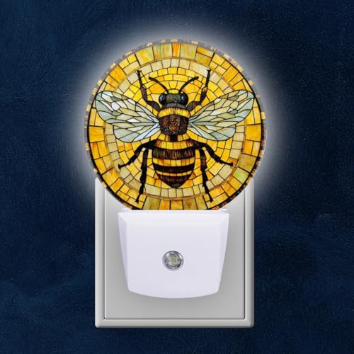 Round LED Night Lights Lamp with Dusk to Dawn Sensor, 3D Circular Stained Glass with Bumblebee Night Light Plug Into Wall for Kids Room, Bedroom, Bathroom, Kitchen, Hallway - color: 3D Circular Stained Glass with Bumblebee, size: Small