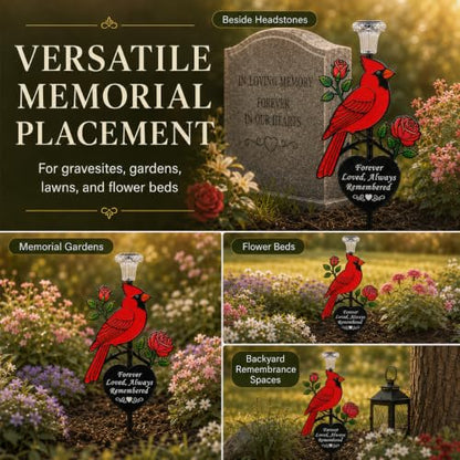 Solar Cardinal Memorial Garden Stake with 'Always Loved, Never Forgotten' Sentiment, Red Bird and Rose Design (Heart Shaped)