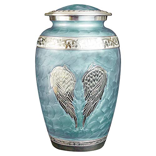 Custom Engraved Angel Wings Funeral Cremation Urn with Matching Keepsake and Velvet Bag (Sky Blue, Large) - color: Sky Blue, size: Large