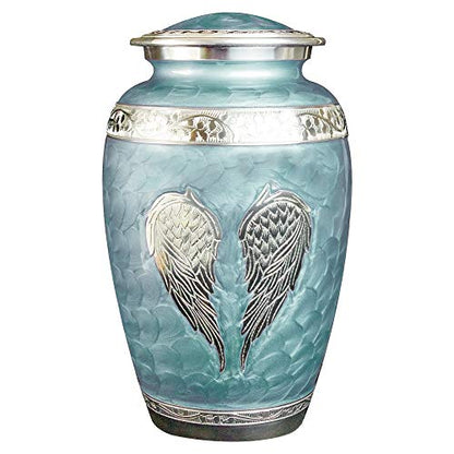 Custom Engraved Angel Wings Funeral Cremation Urn with Matching Keepsake and Velvet Bag (Sky Blue, Large) - color: Sky Blue, size: Large