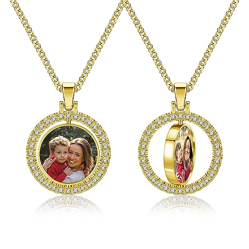 PiercingJ Customized Double-Side Photo Necklace Custom Picture Pendant Chain Personalized Cubic Zirconia Hip Hop Jewelry Gift for Men Women with Gift Box - color: Gold-Round-1PC