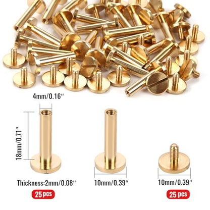 Brass Chicago Binding Screws - 4mm x 18mm Binding Posts - 10mm Phillips Nut - Chicago Screw Binding Post Screw Kit for DIY Leather Decoration Scrapbook Photo Albums Bookbinding (Brass, 25 PCS) - size: 4mm x 18mm