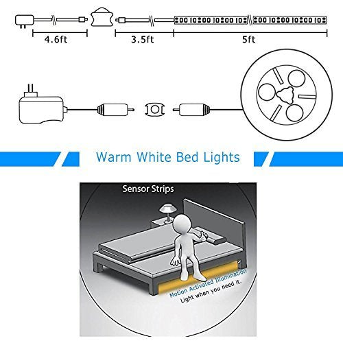 Vansky Motion Activated Bed Light, Flexible LED Strip Motion Sensor Night Light Bedside Lamp Illumination with Automatic Shut Off Timer (Warm Soft Glow) - size: Single Light Strip(5FT x 1)