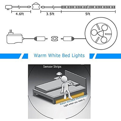 Vansky Motion Activated Bed Light, Flexible LED Strip Motion Sensor Night Light Bedside Lamp Illumination with Automatic Shut Off Timer (Warm Soft Glow) - size: Single Light Strip(5FT x 1)