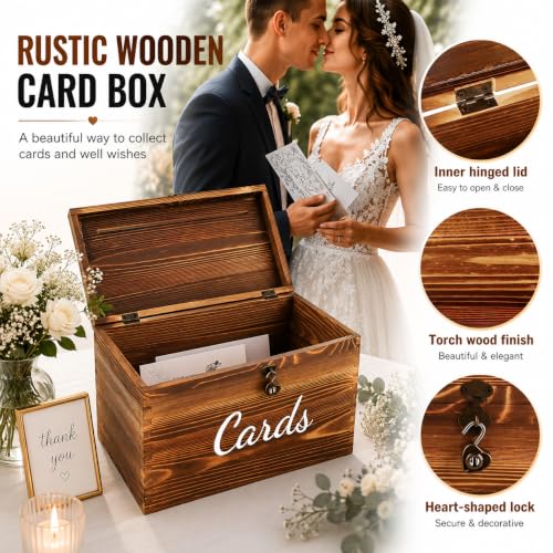 Rustic Wooden Card Box with Lock（ 10×10×6 in:Wedding,Shower Anniversary etc
