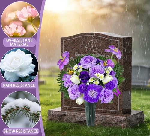 Artificial Cemetery Flowers,Memorial Flowers,Beautiful Arrangements for Headstones,Silk Tulip Rose Hibiscus Daisy