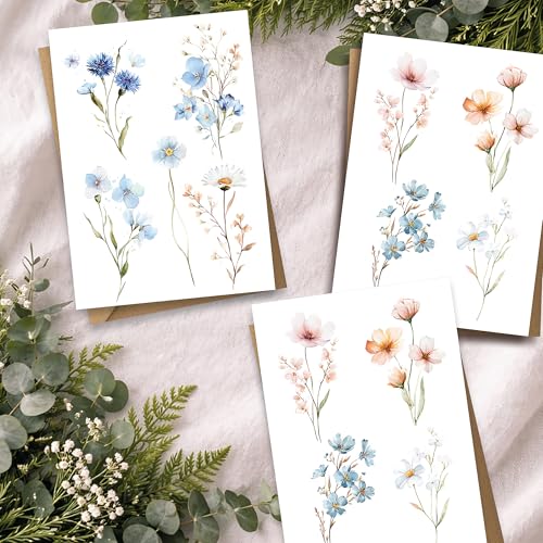 20 Blank Cards with Premium Envelopes, Watercolour Flower Cuttings Painting 5 Desgins for All Occassions, Blank Notecard Sets for Family Friends, Thank You, Made in UK, Blank Inside