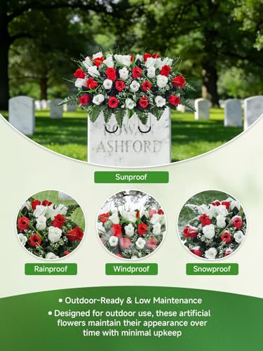 42-Stem Red & White Headstone Flower Saddle with Adjustable Rubber Grip - color: 42 Stem Red & White