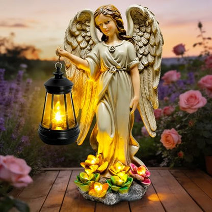 Solar Garden Statue Angel Figurine,11.8in Fairy Angel Solar Lights Outdoor | 7 LED Lights, Solar Outdoor Sculptures for Outside Balcony Patio Yard Ornament, Gifts for Women Mom, Cemetery Grave Decor - style: 1 Pack - Angel with Lantern