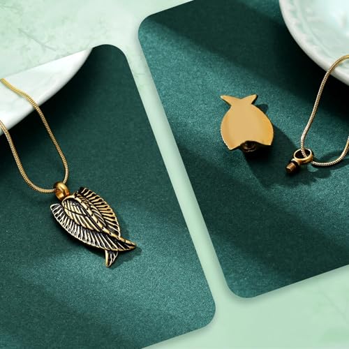 Angel Wings Cremation Jewelry Necklaces Stainless Steel Urn Necklaces for Ashes Memorial Keepsake Pendant for Women Men Gifts With Funnel Kit & Bag - color: Gold+Black