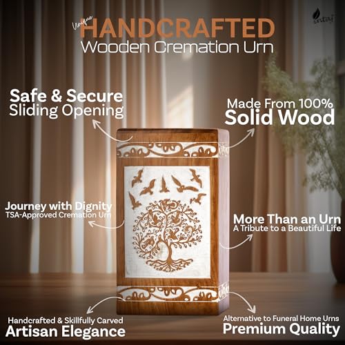 Tree of Life Wooden Keepsake Urn for Human Ashes, 20 cu in, White - color: Antique White Tree and Birds, size: Keepsake (20 lbs)